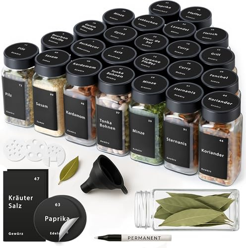 Happy Lemuro Set of 24 Spice Jars - 120 ml Glass Spice Containers with Bamboo Lids, Shaker Inserts, Labels, Funnel & Brush - Spice Dispenser with Accessories - Spice Storage - Airtight