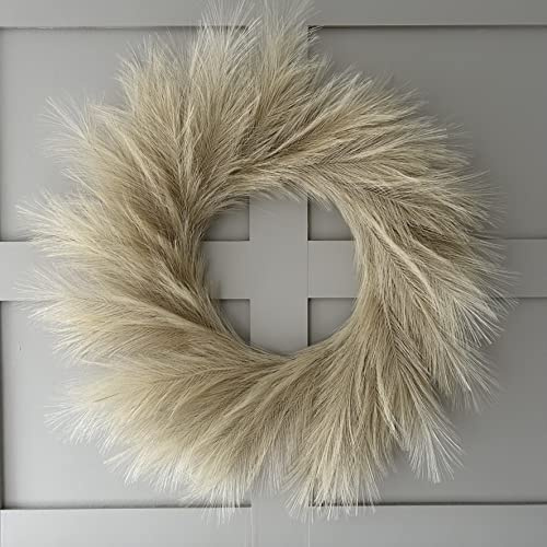 VOULUX Fluffy Artificial Large Faux Pampas Grass Wreath 27 Beige Modern Feather Boho Indoor Farmhouse Wall Decor Baby Sea Grass Spring Wheat for Front Door