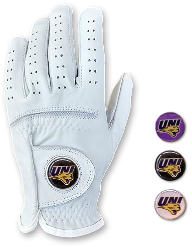 Scale Wear University of Norther Iowa Panthers Cabretta Leather Golf Gloves with 3 Magnetic Ball Markers. RH & LH Men's & Youth Boys Golf Gloves (Adult-L, Right (Fits Left Hand))