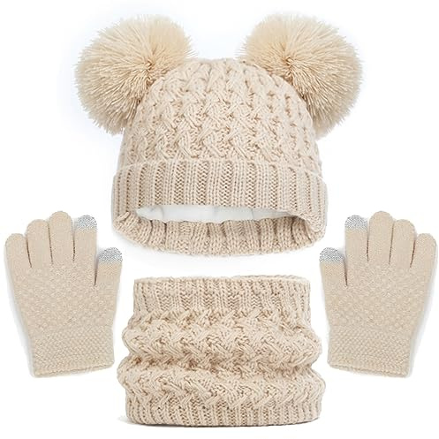 Baynetin Echarpe et Gants Bonnet Ensemble 3PCS, Enfant Tricoté Tour de Cou Chaud Bonnet Gants à écranTactiles, Hiver Accessoires pour Fille Garçon 2-8 Ans Ski Activité de Plein Air