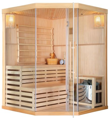 Sanotechnik Sauna finlandesa TALLINN - Estufa de sauna para 3 personas, incluye piedras para sauna, 2 lámparas, cristal de seguridad, ventilación, cubo con creador, termómetro y reloj de arena,