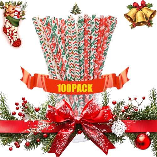 Sinzau 100 Pezzi di Cannucce di Carta Natalizie, Cannucce Colorate per Natale, Decorazioni per Torte, Decorazioni per Dessert, Feste, Compleanni, Matrimoni