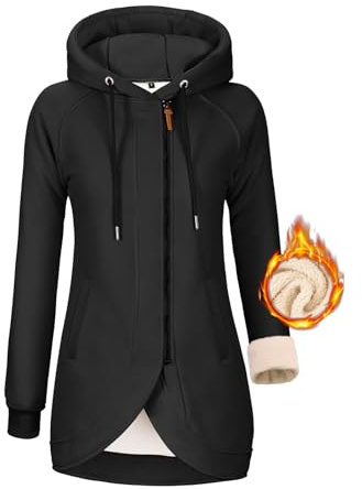 UMIPUBO Felpa Donna con Cappuccio Invernale Felpe con Zip Fodera in Pile Hoodie Sweatshirt a Manica Lunga Caldo Lungo Giacca con Tasche Cotone Termica Cappotto Pullover (Nero, L)