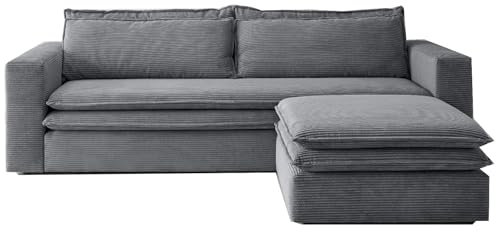 Furn.Design Schlafsofa in grau Cord Sofa 3-Sitzer Schlafcouch mit Fußhocker Couch mit Schlaffunktion ausklappbar Polstermöbel Couchgarnitur 244 cm Pesaro (Grau, Mit Hocker)