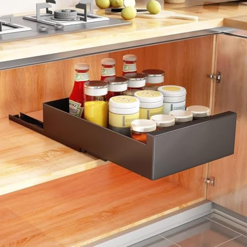 Teleskopschublade, Ausziehbare Schublade Küche (25cm B x 43cm T x 8cm H), Ausziehbarer Schrank Organizer, Schrank Schubladen Ausziehbar, Schrankauszug Küche, Schwarz