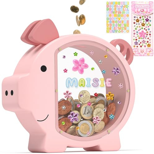 Summidate Hucha Rosa para niñas, Letras Alcancía de Madera para niños, Transparente Hucha Personalizada con Calcomanía de Bricolaje,Creativa para Regalo de Cumpleaños/Decoración del Hogar/Recuerdo