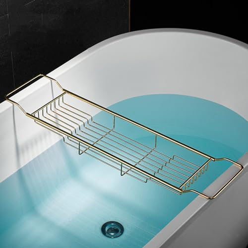 GIYDNEI Erweiterbare Badewannenschale, Metall-Badewannen-Caddy-Gestell, 26,8~35,4 Zoll Verstellbarer Wannenhalter, Edelstahl-Badezimmertablett,Gold,68~90cm
