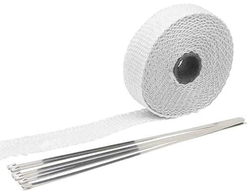 GFDSGRE Hitzeschutzband 5/10/15/20M Motorrad Auspuff Thermoband Auspuff Wärmeband Wrap Krümmer Isolierung Rollenbeständig mit Edelstahlbändern Auspuff Hitzeschutzband(2.5x15m White)