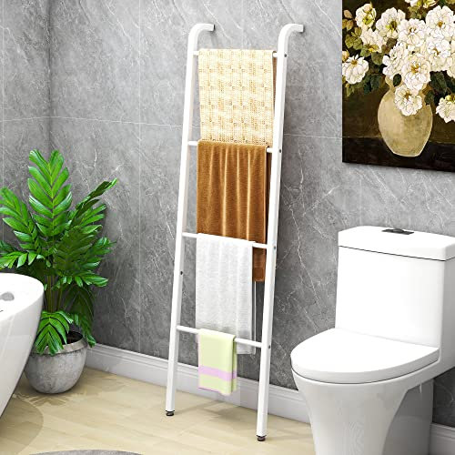 MOFLUT Portasciugamani autoportante, 4 livelli, guida da parete, scala decorativa, per soffitto/asciugamani, bagno, camera da letto, soggiorno, bianco