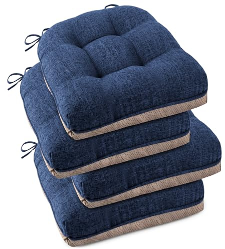 OVOV Seat Cushions for Dining Chairs Set of 4 Set of 4, 46x46, Blue | 3/8 cm Thick, Breathable Faux Linen, Non-Slip, with Ties, for Kitchen, Dining Room, for Hard Wooden Chairs, Folding Chairs