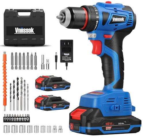 Vniissok Cordless Drill Set,18V Brushless Power impach driver with Battery and Charger, 3/8 Keyless Chuck, Variable Speed, Drill Driver Bits Kit for Drilling and Tightening/Loosening Screws