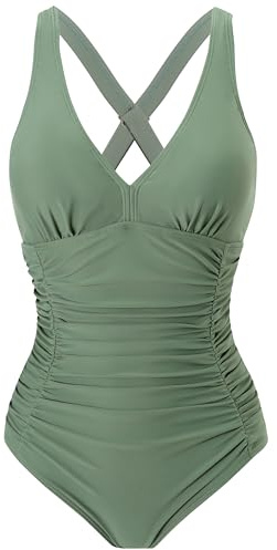 LA ORCHID Damen Strand Swimwear V ausschnittt Push up Badeanzug bauchweg Urlaub high Waist bademode Badeanzug Vintage Haze Grün XXL