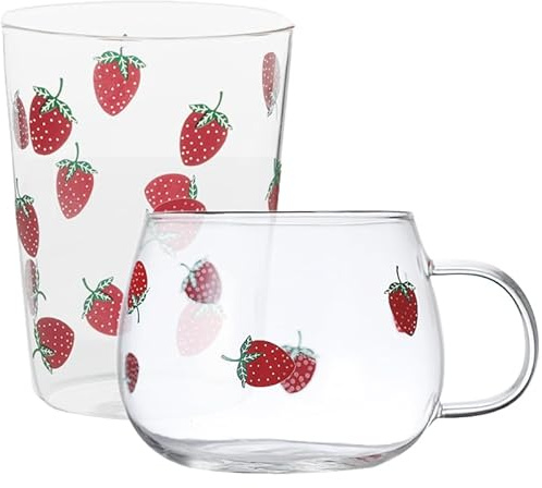 Amosfun 2pcs Strawberry Glass Mug, Girly Clear Beverage Mugs with Playful Fruit Pattern for Iced Tea, Juice & Cocktails – for Home, Parties, Gifting