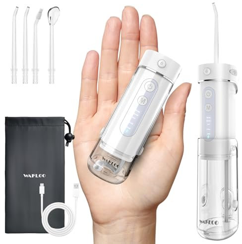 Water Flosser Travel Mini Cordless Portable: 5 Modes Water Dental Floss with Telescopic Water Tank, 4 Tips, IPX7 Waterproof Oral Irrigator for Teeth Cleaning, Orthodontic, Braces Dental Care (White)