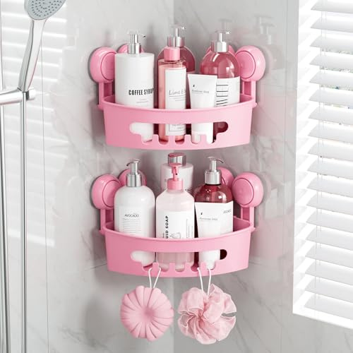 TAILI Duschablage ohne Bohren Duschablage Saugnapf Ecke Extra Stark, Rosa | Saugnapf Dusche Organizer Große Kapazität Bad Organizer Ohne Bohren Badezimmer Zubehör für Shampoo Duschkorb Küche