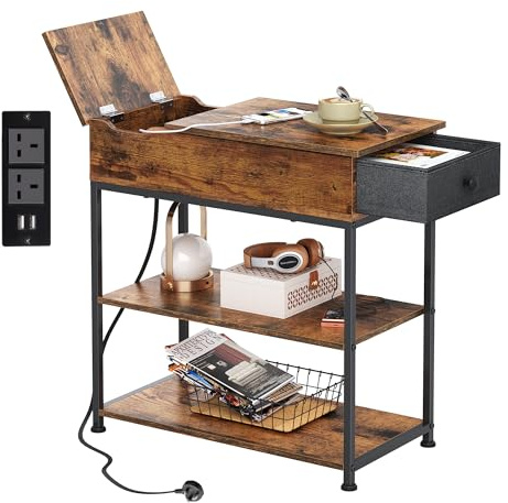 WLIVE Side Table, Narrow Side Table with Charging Station, Bedside Table with 2 USB & AC Outlets, Sofa Table with Fabric Drawer & Shelf, for Bedroom, Living Room - 30x60x61 cm, Rustic Brown
