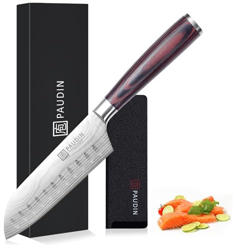 PAUDIN Santokumesser 13 cm, Ultrascharfes Küchenmesser aus Hochkohlenstoff-Edelstahl, Ergonomisch&Vielseitig für Fleisch, Gemüse&Obst, Ideal für Hobbyköche&Profis, Nachhaltig mit lebenslanger Garantie