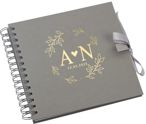 Personalised Wedding Guest Book, Spiral Bound, Reception Guestbook with Leaves and Heart (Grey)