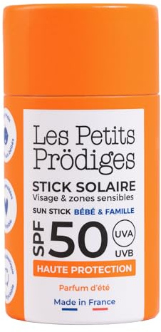 LES PETITS PRODIGES Stick Solaire Visage SPF 50 Ski - Bebe, enfant, famille - Très Haute Protection UVA,UVB - Hydratant & Apaisant -Tube en carton recyclable, Éco-conçu, Vegan, Fabriqué en France -15g