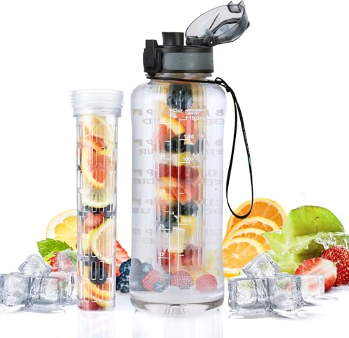 UTEBIT Gourde Sport 1,5L, Bouteille d'eau avec Infuseur à Thé ou Fruits,1 Litre Bouteille Reutilisable Fabriquée en Tritan sans BPA avec Marqueur de Temps de Motivation pour Gym, Camping, Bureau