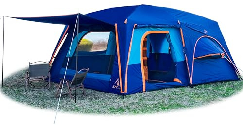 KTT Extra Large Tent 12 Person,Family Cabin Tents,Full Rainfly,2 Bay-Windows,2 Rooms and 3 Doors 3 Windows with Mesh,Waterproof,Straight Wall,Double Layer,Big Tent for Outdoor,Picnic,Camping(Blue)