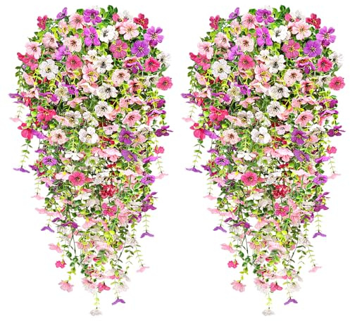 MOTONG 4 PCS Artificial Hanging Flowers, 4 Color of UV Resistant Trailing Artificial Plants Outdoor, Suitable for Fake Artificial Flowers Wall Wedding Decorations Home Garden Party Baskets Indoor