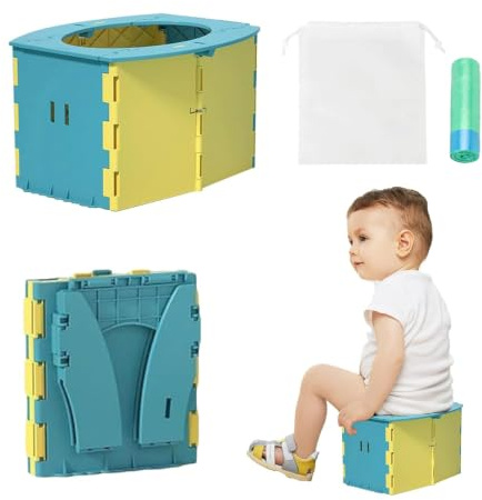 Faltbares Reisetöpfchen für Kinder,Tragbare Toilette (Felsenblau) | oubasang Faltbares Kindertöpfchen: Mit Aufbewahrungstasche, sicheres PP, 300g, 15x13cm gefaltet, für Unterwegs, pflegeleicht