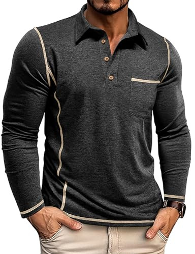 PRIVIMIX Poloshirt Herren Langarm mit Brusttasche & Knopfleiste, Atmungsaktiv Polohemd für Golf & Freizeit M-3XL