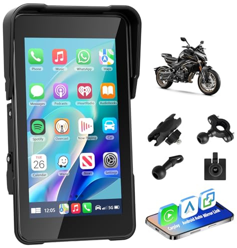 Motorsi Écran Portable Carplay pour Moto, CarPlay sans Fil et Android Auto pour Moto, Écran Tactile Étanche de 5 Pouces avec Bluetooth, Navigation GPS, Siri/G00gle Assistant