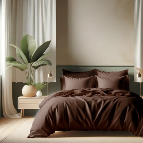 PARURE DE LIT 5 Pieces Unie en pour Un lit 2 Personnes 140 x 190 cm 1 drap housse + 1 drap plat +2 taies d'oreiller 50 x 70 cm + 1 taie de traversin 100% Coton 57 Fils HAUTE QUALITE (MARRON)