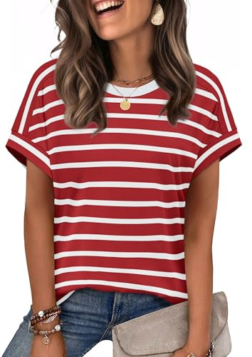 WIHOLL Short Sleeve Shirts for Women Tops 2026 Valentines Day Vacation Cruise Travel Outfits Summer Spring Essentials Clothing Tee Women's Gifts Red Stripes M