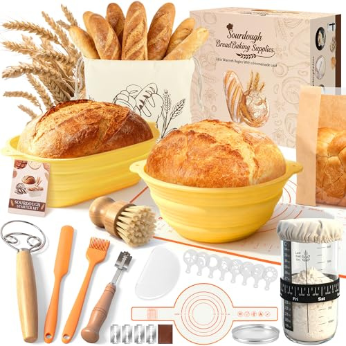 Charmofun Set di Cestini Lievitazione Pane, Kit Completo per Pasta Madre, 2 Cestino Pane Silicone, Kit Preparazione Pane in Casa, Regalo per Principianti e Panettieri Esperti