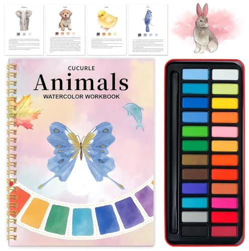 Aquarell Arbeitsbuch Tiere für Erwachsene, Anfängerfreundliches Watercolor Workbook mit Wasserfarben und 24 Farben, Aquarell-Malbuch zum Entspannen und Stressabbau, Geschenkset für Frauen und Künstler