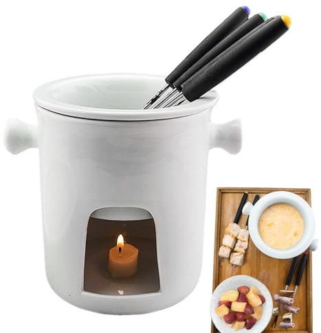 Genérico Taza de Fondue de Chocolate - Olla de Mantequilla de cerámica de 300 ml con 4 Tenedores, Mini Juego de Fondue para Chocolate, Queso, Mantequilla, postres Fiestas, Citas nocturnas, cump