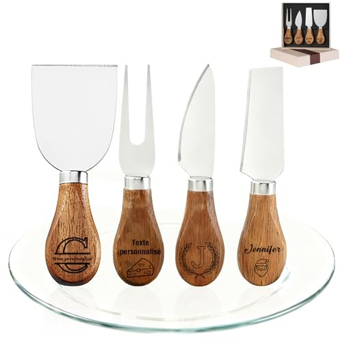 QSZ Coffret de 4 Couteaux à Fromage Personnalisés avec Manche en Bois d'acacia Gravure Personnalisée Nom Texte Couteau a Fromage en Acier Inoxydable Cadeau pour Fêtes Mariages Réunion
