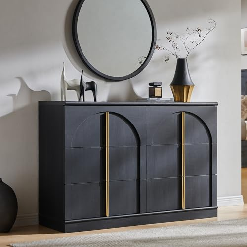 ACCOHOHO Arched Dresser for Bedroom with 6 Drawers, 47.3 Wide Modern Chest of Drawers with Rounded Edge & Metal Handles, Wood Storage Closet Dressers TV Stand for Living Room, Hallway, Black