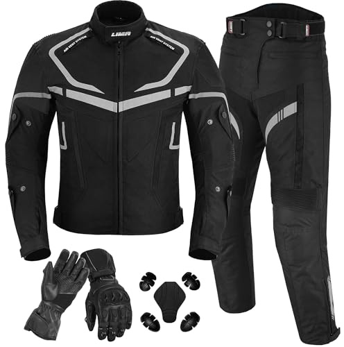 Mens Motorbike 2 Piece Suit Cordura Motorbike Jacket and Trousers CE armoured Waterproof protective Gear with leather Gloves all season suit (Black, XL)