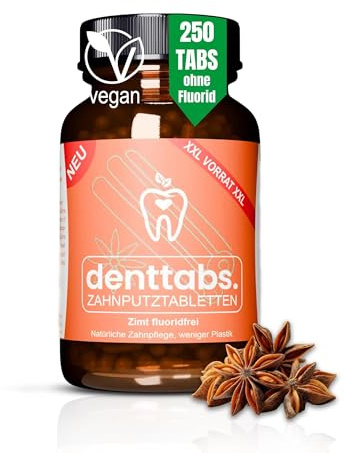 denttabs tandborsttabletter med utsökt kanelsmak i XXL-glas 250 st. med fluor |