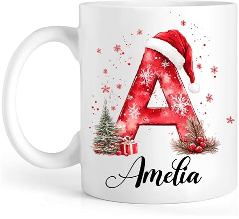 EKAM Personalised Christmas Letter Coffee Mug with Custom Name,X Mas Initial Design Cup, Personalised Christmas Mug 11oz Ceramic, Customised Initial Letter Cup