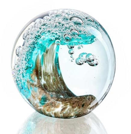ZEERSHEE Hand Blown Ocean Wave Glass Ball, 2.3 Green Glass Paperweight