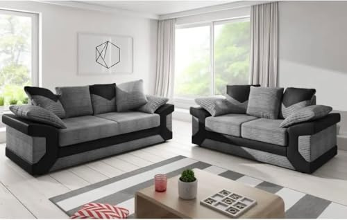 Enchanting Furnishings UK - Dino 3+2 Sofa - Black Leather & Jumbo Grey Cord Fabric (Scatter Back Cushions) | Luxurious Living Room Furniture