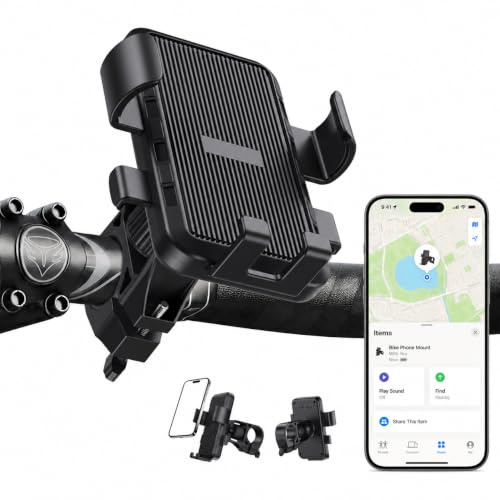 Bike Phone Mount with Airtag, MFi Certified, Hidden Tracker, Anti-Theft | Work with iOS Find My, Secure 4-Claw Grip, 360° Adjustable Phone Holder for Motorcycle & Bicycle