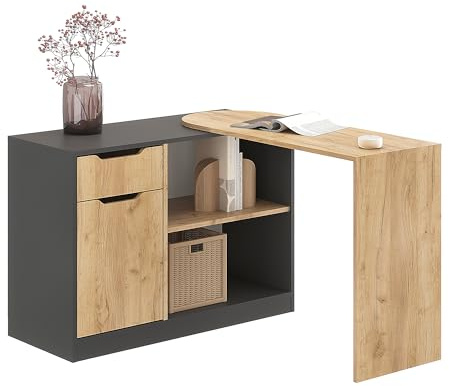 KOMTO Eckschreibtisch mit Stauraum Anthrazit/Honig Eiche – Schreibtisch mit Schubladen und Regal, 360° drehbarer Computertisch in L Form für Homeoffice | Desk FOLDY3 106 x 106 x 74 cm
