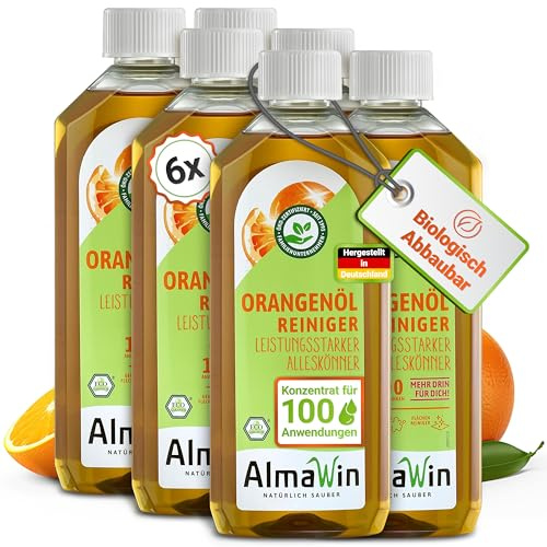 AlmaWin® Orangenölreiniger ÖKO [6x 500ml] ideal als starker Allesreiniger & Fettlöser - Veganes Orangenreiniger Konzentrat in recycelter Flasche - Besonders ergiebiger Orangenöl Reiniger
