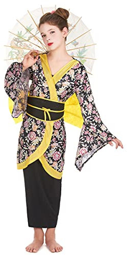 DEGUISE TOI - Déguisement Japonaise fille - Robe - Ceinture avec Noeud - M 7-9 ans (120-130 cm) - Noir - Déguisements enfants - 100% Polyester - Lavable à la main - Carnaval