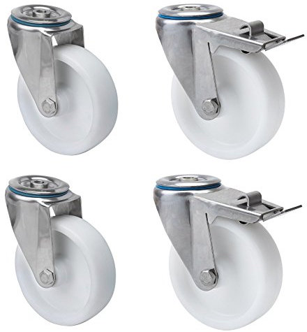 Satz Transportgeräterolle Edelstahl 125 mm Rad aus Polyamid Rückenloch Lenkrolle mit ohne Feststeller V2A INOX Edelstahlrolle Polyamidrad Totalfeststeller Bremse Stop