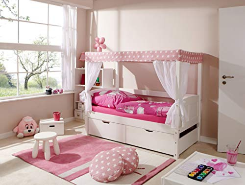 TiCAA Himmelbett Mini mit Bettkasten Stern Rosa Kiefer Weiß
