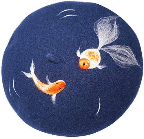 Handmade Luky Fish Beret Vintage Artist Painter Hat Women Wool Cap Koi Gift (Dark Blue)