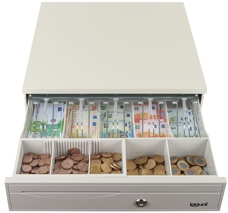 iggual – Cajón Portamonedas IRON-30W -Caja Efectivo, Registradora Manual o Automática para 5 Billetes y 5 Moneda - Cerradura 3 Posiciones- Acero+Plástico -Uso profesiona -Blanco Perla (42x40,5x10)