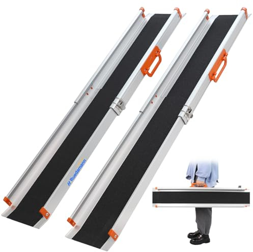 Ruedamann 7FT x 8.3 Adjustable Wheelchair Ramp with Handle, Telescoping Portable Wheelchair Ramp for Home Steps, 600lbs Capacity, Non-Skid Lightweight Scooter Ramp for Van, MPV, Caravan 2Pcs